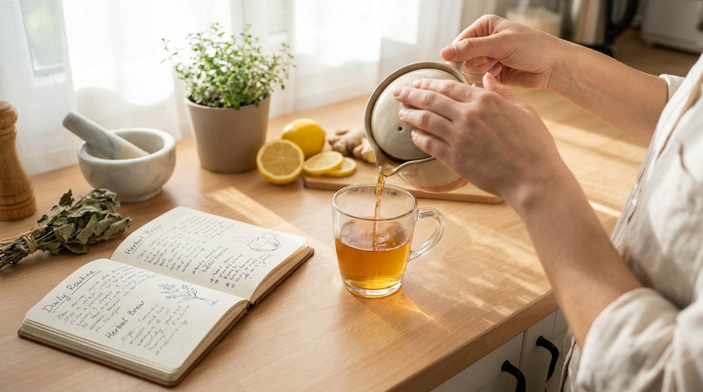 Pouring a warm cup of tea next to fresh ginger, lemon slices and a notebook with a daily routine