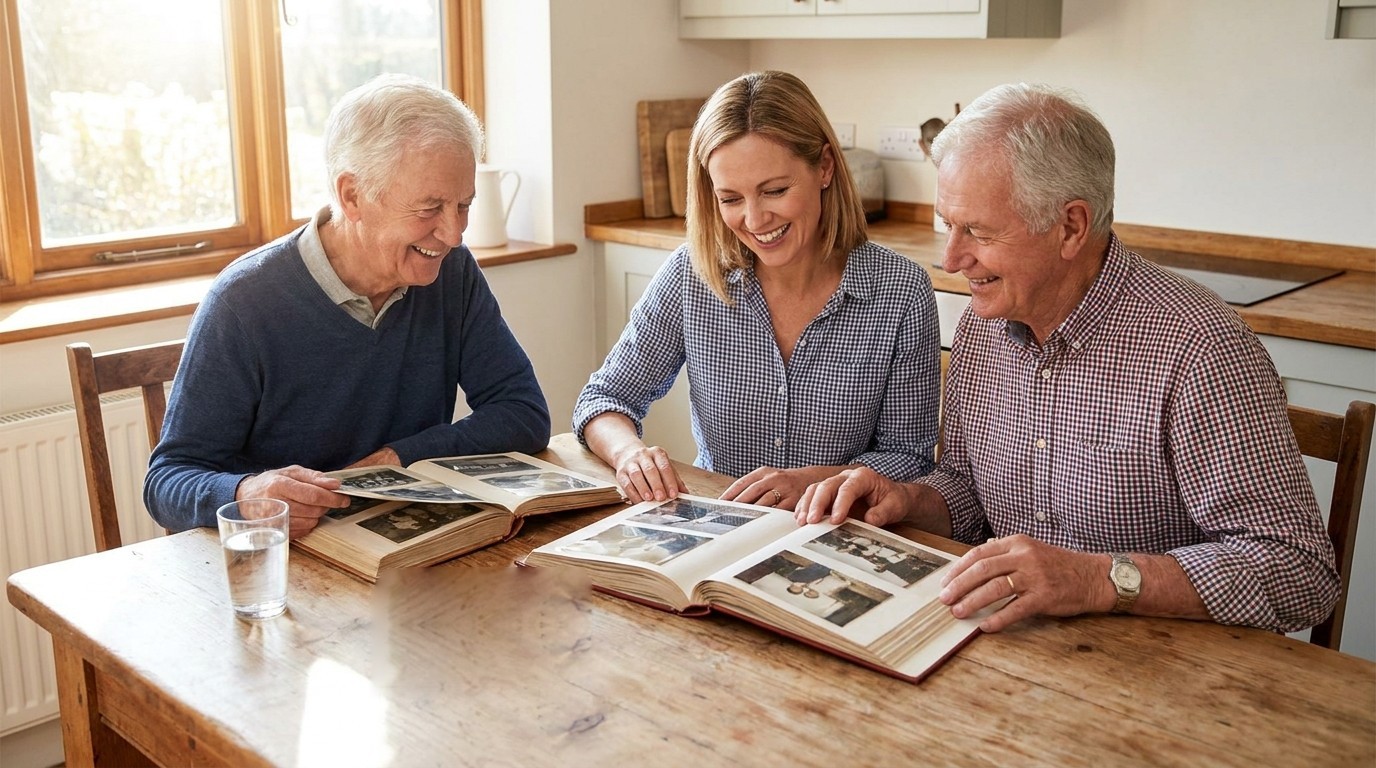 Two smiling older men and a younger woman looking through old family photo albums at the kitchen table