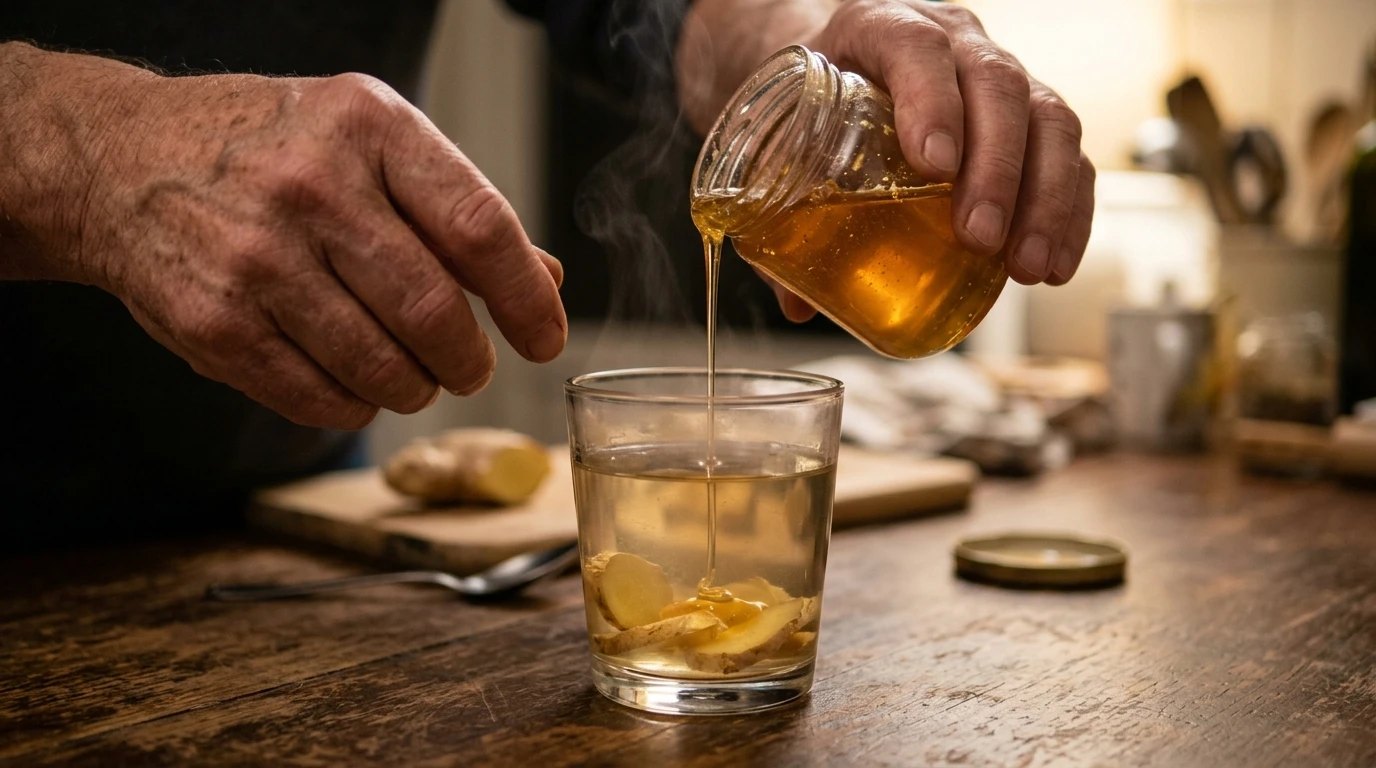 Older man pouring honey into a glass of warm water with ginger: see the full report