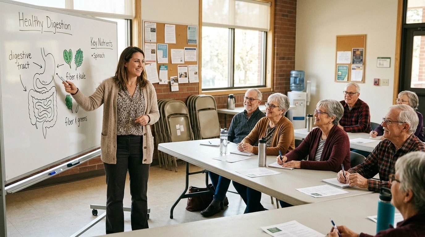 Wellness educator explaining healthy digestion on a whiteboard to a group of older adults