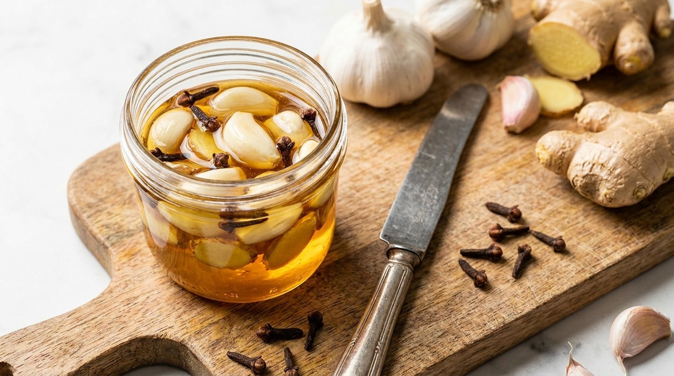 Glass jar of garlic cloves, ginger and whole cloves steeped in honey on a wooden board
