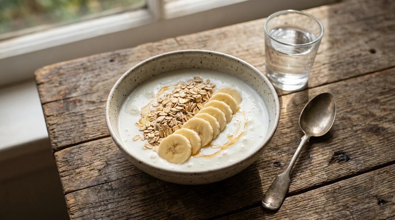 Breakfast bowl with kefir, oats, sliced banana and a drizzle of honey on a wooden table