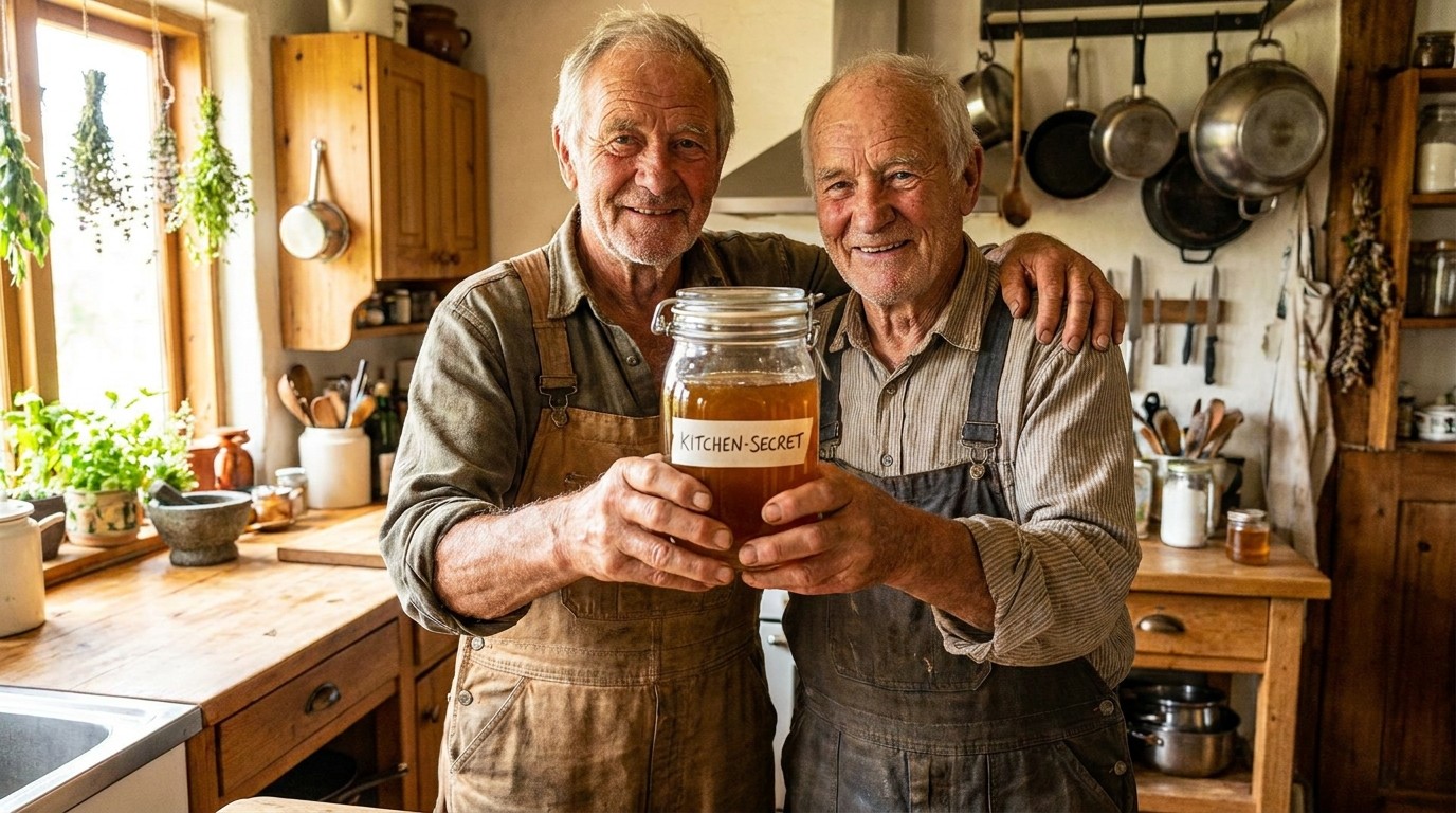 Two smiling older men in aprons holding a jar of homemade honey drink in a rustic kitchen