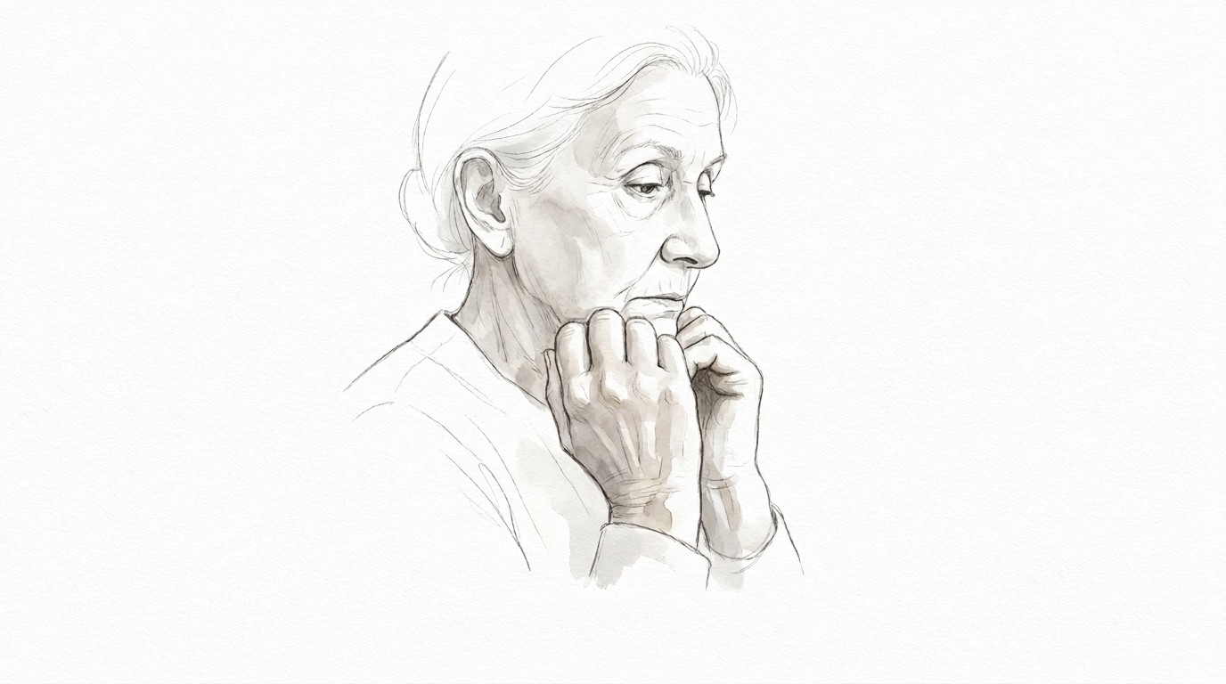 Pencil sketch of an older woman looking tired and thoughtful in the morning
