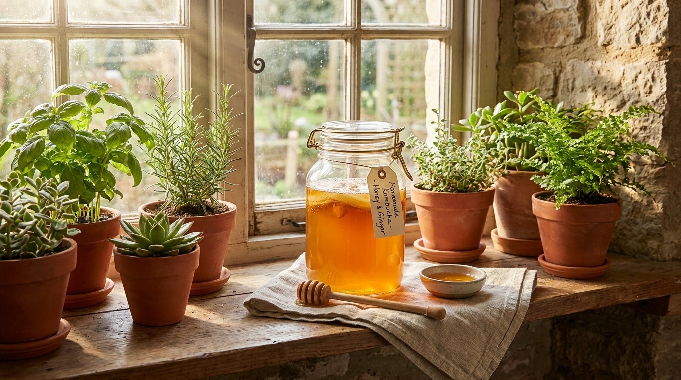 Homemade honey and ginger kombucha in a large glass jar on a sunny windowsill with herbs