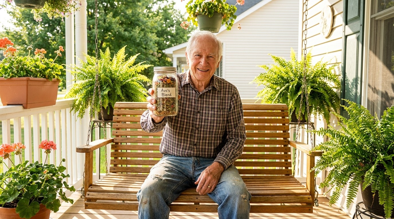 Smiling older man relaxing on his porch swing, holding a jar of homemade herbal tea blend