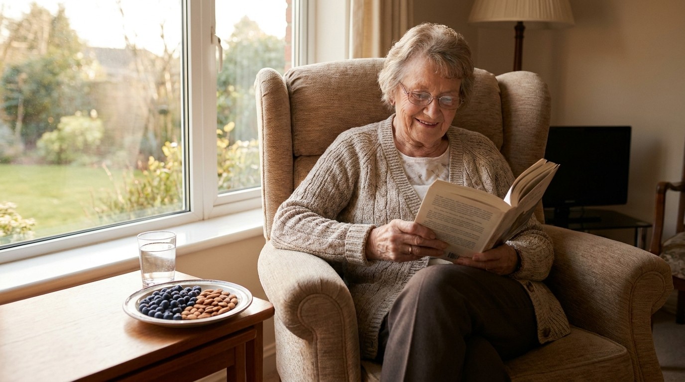 Older woman reading in her armchair by the window, with a glass of water and a plate of blueberries and almonds